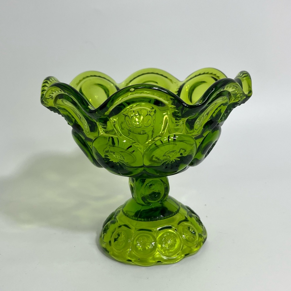 Vintage LE Smith Moon and Stars Green Glass Pedestal Compote Bowl